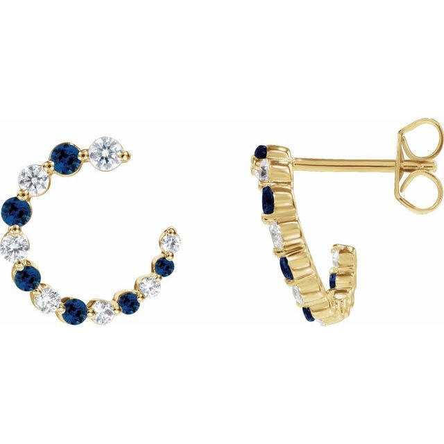 14K Yellow Natural Blue Sapphire & 1/3 CTW Natural Diamond Hoop Earrings