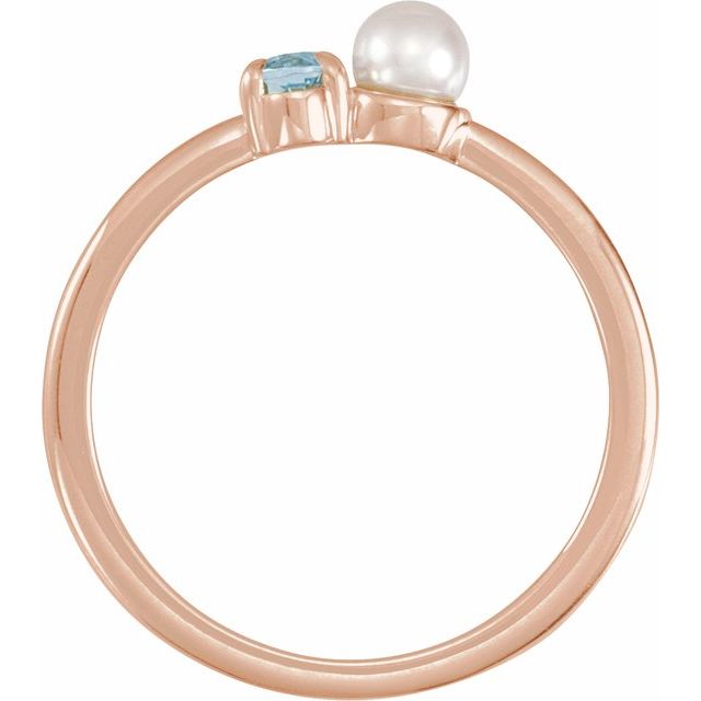 14K Rose Natural Aquamarine & Cultured White Akoya Pearl Ring