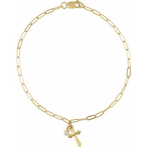 14K Yellow .03 Natural Diamond Cross Charm 7" Bracelet