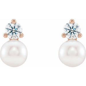 14K Rose Cultured White Freshwater Pearl & 1/2 CTW Natural Diamond Earrings