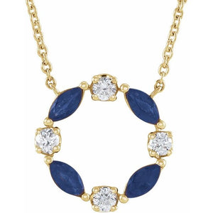 14K Yellow Natural Blue Sapphire & 1/10 CTW Natural Diamond Circle 18" Necklace