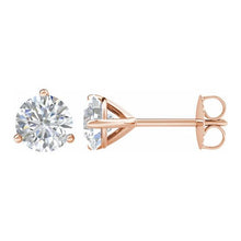 Load image into Gallery viewer, 14kt rose gold diamond studs earrings in a martini style setting with push backings. The two diamonds total 1 ctw and the diamonds are G-H color I1 clarity.
