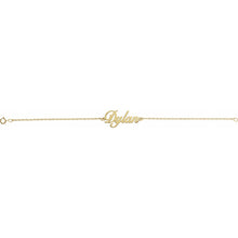 Load image into Gallery viewer, 14kt yellow gold script nameplate bracelet with a cable chain and spring ring clasp
