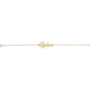 14kt yellow gold script nameplate bracelet with a cable chain and spring ring clasp