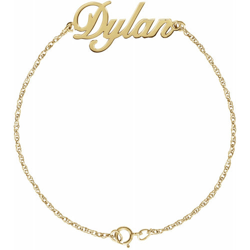 14kt yellow gold script nameplate bracelet with a cable chain and spring ring clasp