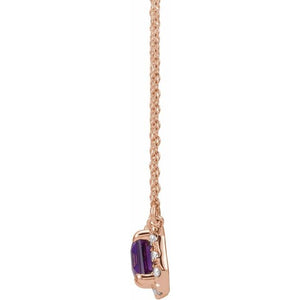 14K Rose 5x3 mm Natural Amethyst & 1/8 CTW Natural Diamond Halo-Style 18" Necklace