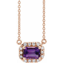 Load image into Gallery viewer, 14K Rose 5x3 mm Natural Amethyst &amp; 1/8 CTW Natural Diamond Halo-Style 18&quot; Necklace
