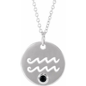 14K White Natural Black Spinel Aquarius Zodiac 16-18" Necklace