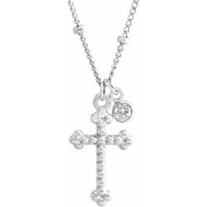 14K White .06 CT Diamond Dangle & Beaded Cross 20" Necklace